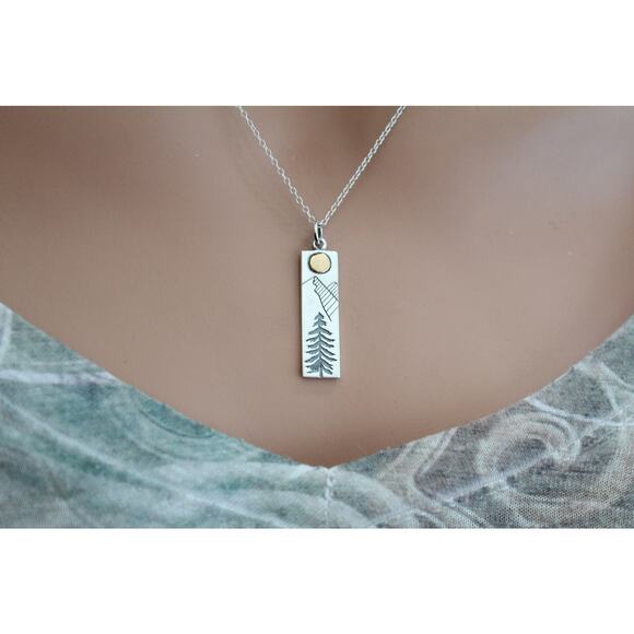 Sterling Silver Pine Tree Charm with Bronze Sun Necklace - Picture 3 of 4